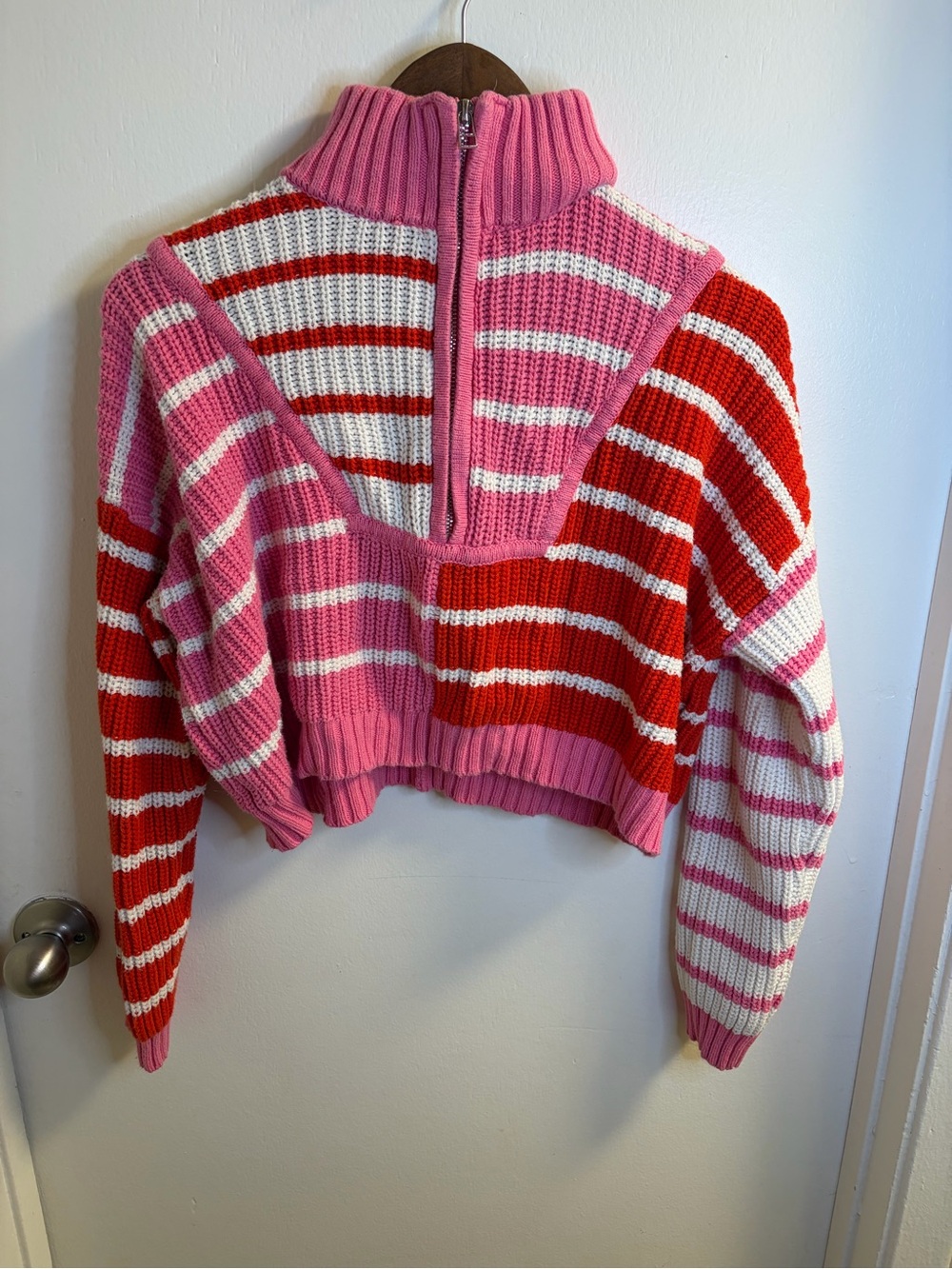 Altar’d State Pink Red Striped Quarter Zip Sweater M Cropped Colorblock Knit - Picture 3 of 15